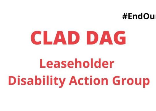 The red writing of the Claddag logo. It is red block writing, with a simple image of a high-rise building, a simple image of a wheelchair user, and a Disabled man using a walking cane.