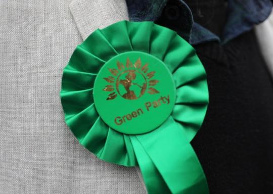 Image shows a green party rosette pinned to a grey suit. The words 