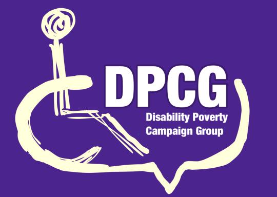 The image is the logo of the DPCG. An illustration of a wheelchair on a purple background sits around the words: DPCG Disability poverty campaign group