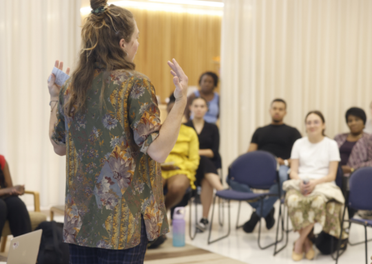 Image of a woman speaking to an audience of people interested in entrepreneurship 